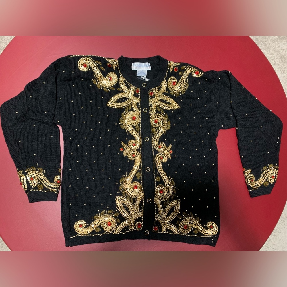 PRINCIPLES Vintage Petite Black Beaded & Sequined Small Cardigan - NWT